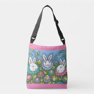 WHIMSICAL EASTER EGG GARDEN, BUNNY RABBIT FLOWERS CROSSBODY BAG