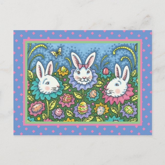 WHIMSICAL EASTER EGG GARDEN, BUNNY RABBIT FLOWERS HOLIDAY POSTCARD (Front)