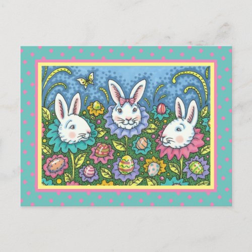 WHIMSICAL EASTER EGG GARDEN BUNNY RABBIT FLOWERS HOLIDAY POSTCARD