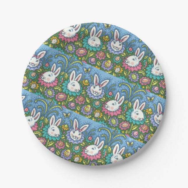 WHIMSICAL EASTER EGG GARDEN, BUNNY RABBIT FLOWERS PAPER PLATES (Front)