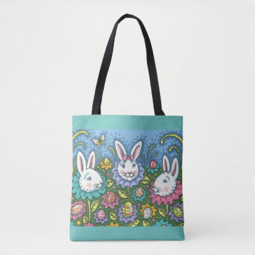 WHIMSICAL EASTER EGG GARDEN BUNNY RABBIT FLOWERS TOTE BAG