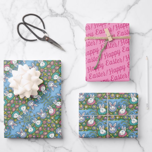 WHIMSICAL EASTER EGG GARDEN, BUNNY RABBIT FLOWERS WRAPPING PAPER SHEETS (Front)
