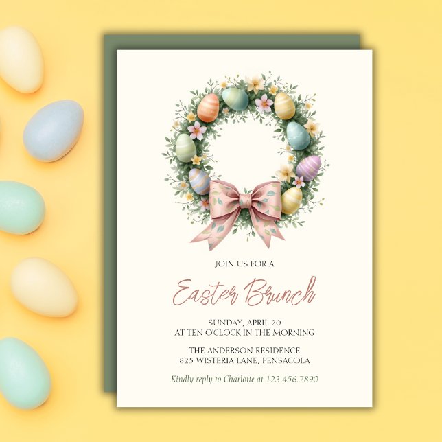 Whimsical Easter Egg Wreath Pink Bow Family Brunch Invitation (Whimsical Easter Egg Wreath Pink Bow Family Brunch Invitation)