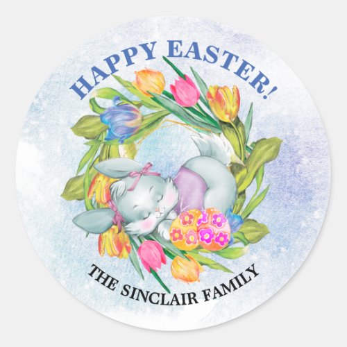 Whimsical Easter Eggs and Bunny Tulips  Classic Round Sticker