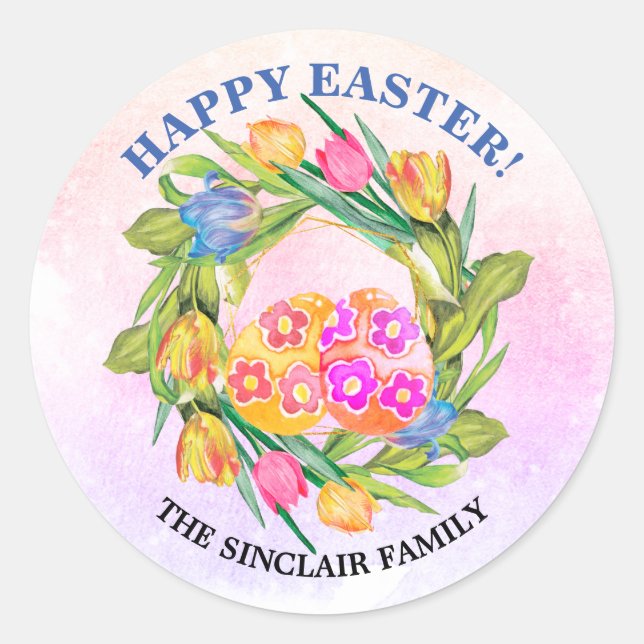 Whimsical Easter Eggs and Tulips Classic Round Sticker (Front)