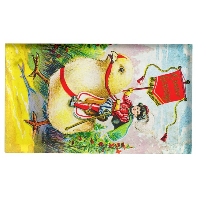 Whimsical Easter Greetings: Rider on Giant Chick Place Card Holder (Front)