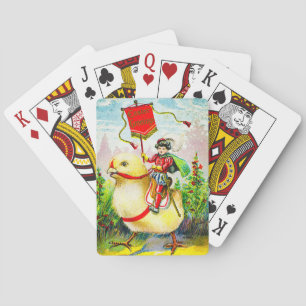Whimsical Easter Greetings: Rider on Giant Chick Poker Cards