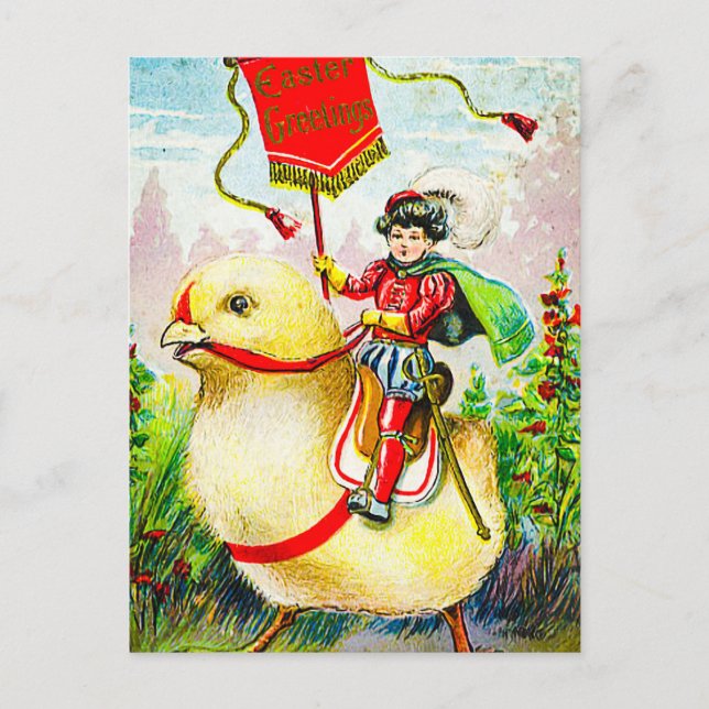 Whimsical Easter Greetings: Rider on Giant Chick Postcard (Front)