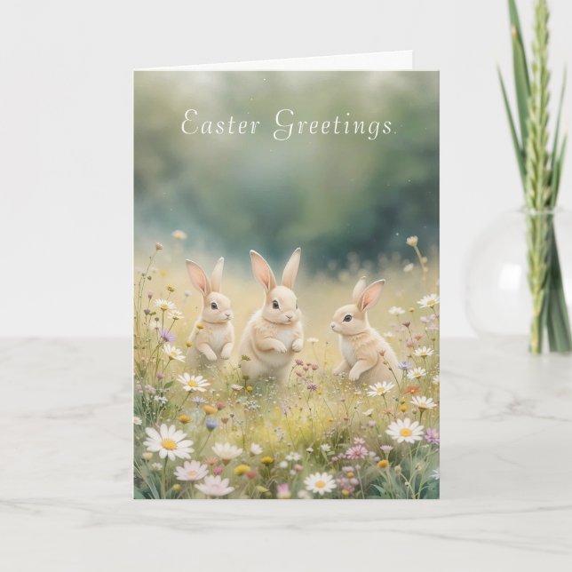 Whimsical Easter Meadow Springtime Bunny  Holiday Card (Front)