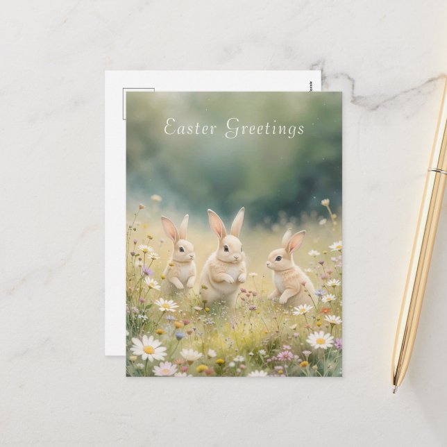 Whimsical Easter Meadow Springtime Bunny  Holiday Postcard (Front/Back In Situ)