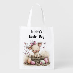 Whimsical Easter Piglet Art with Springtime Charm Grocery Bag