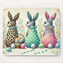 Whimsical Easter Trio Patterned Bunnies Mouse Pad