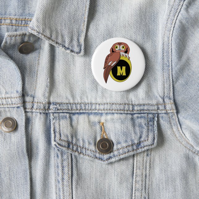 Whimsical Eastern Screech Owl Monogram Button (In Situ)