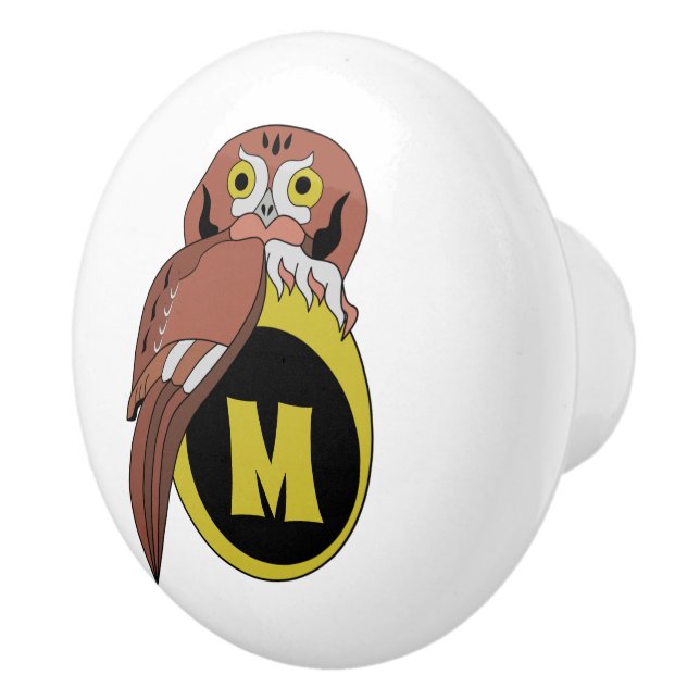 Whimsical Eastern Screech Owl Monogram Ceramic Knob (Right)