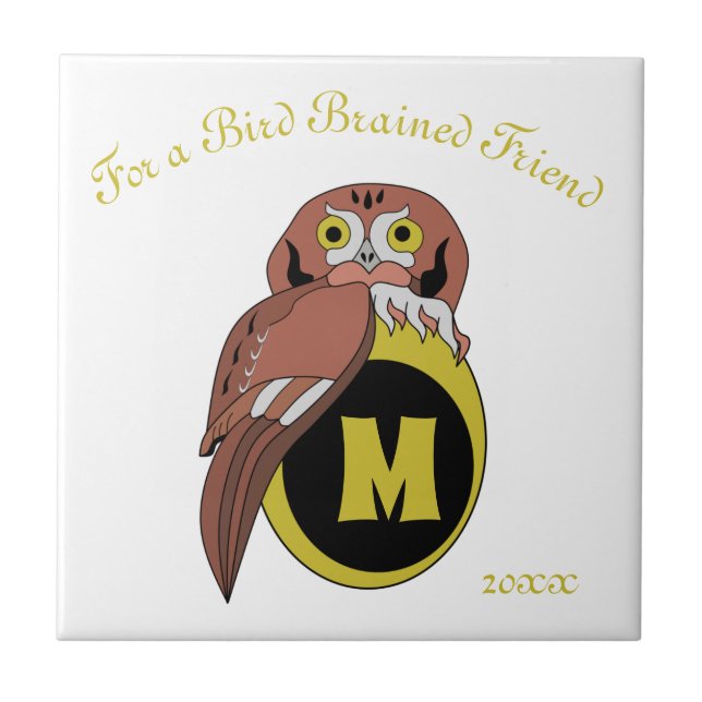 Whimsical Eastern Screech Owl Monogram Ceramic Tile (Front)