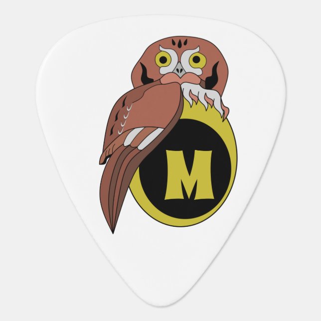 Whimsical Eastern Screech Owl Monogram Guitar Pick (Front)