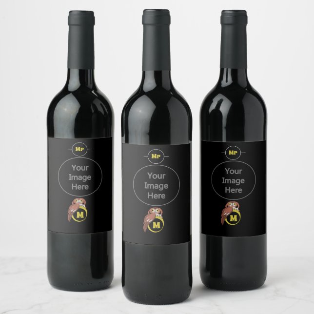 Whimsical Eastern Screech Owl Monogram Wine Label (Bottles)