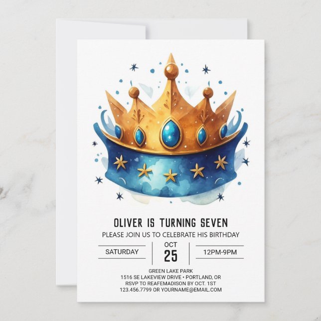 Whimsical Editable Prince Crown Birthday Invitation (Front)