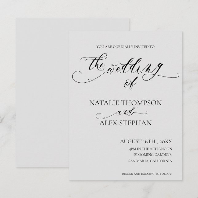 Whimsical Elegant Black And White Script Wedding Invitation Postcard (Front/Back)