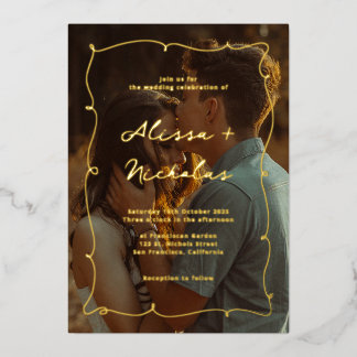Whimsical Elegant Black & Gold Photo Wedding Foil Invitation
