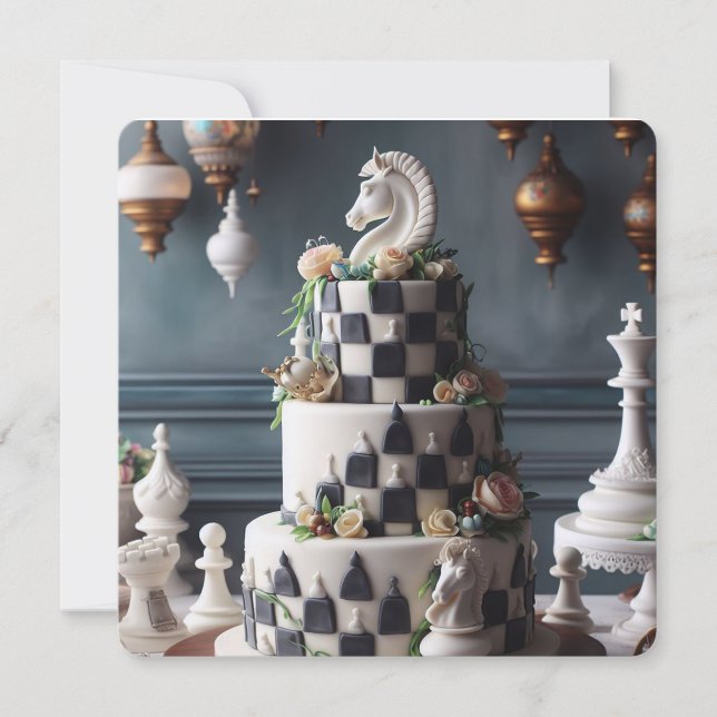 WHIMSICAL & ELEGANT CHESS THEMED BIRTHDAY CAKE CARD (Front)