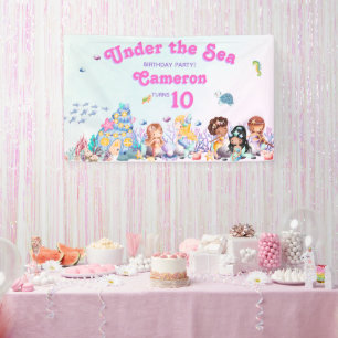 Whimsical & Elegant cute Kawaii Mermaid Birthday  Banner