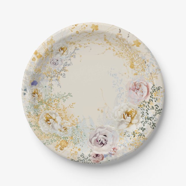 whimsical elegant floral baby shower paper plates (Front)