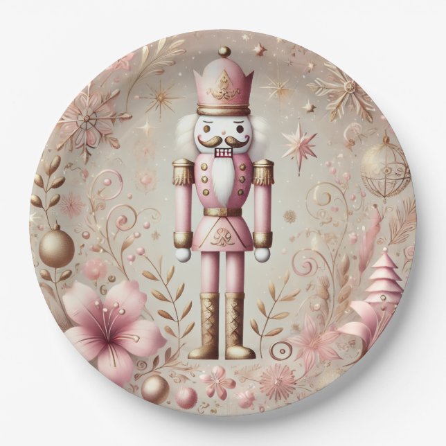 Whimsical Elegant Pink and Gold Pastel Nutcracker  Paper Plates (Front)