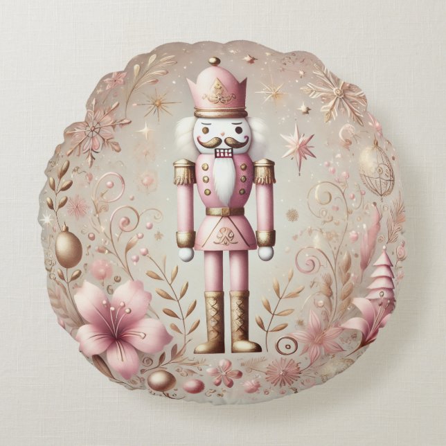 Whimsical Elegant Pink and Gold Pastel Nutcracker  Round Pillow (Front)