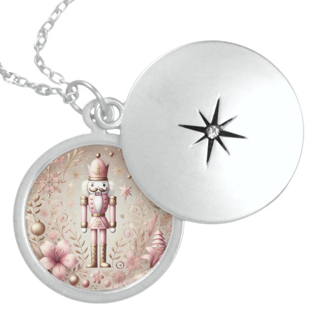 Whimsical Elegant Pink & Gold Pastel Nutcracker Locket Necklace (Front)