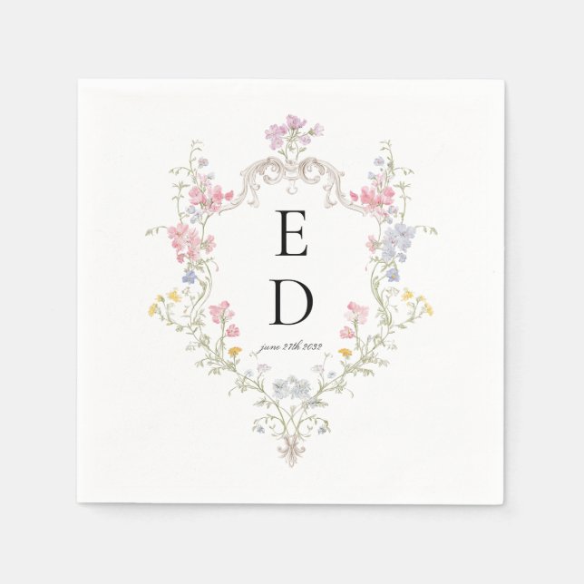 Whimsical Elegant Rococo Floral Crest Monogram Napkins (Front)