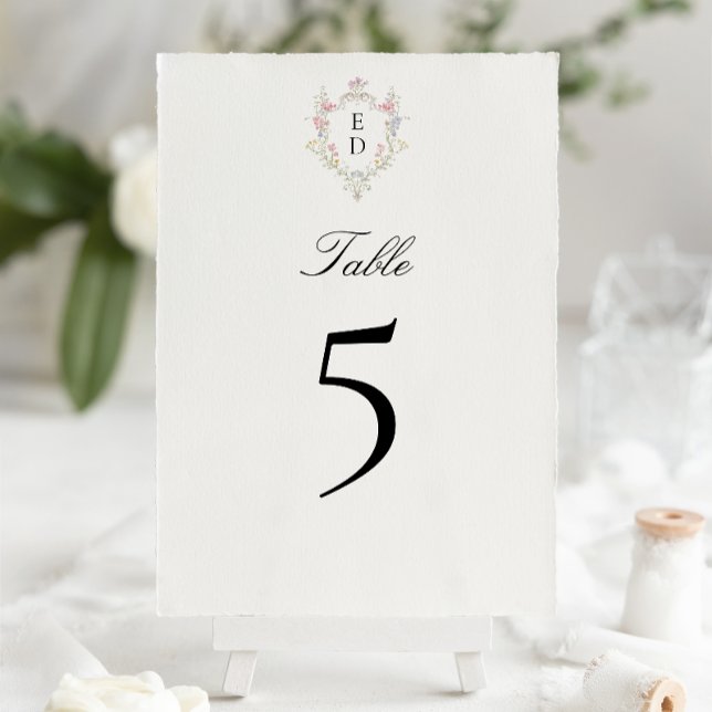 Whimsical Elegant Rococo Floral Crest Monogram Table Number (Creator Uploaded)