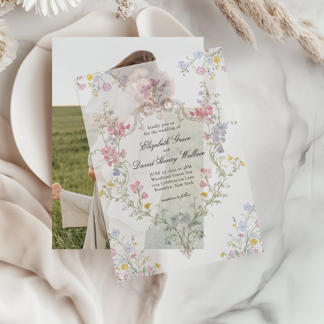 Whimsical Elegant Rococo Floral Crest Wedding Vellum Invitations (Creator Uploaded)
