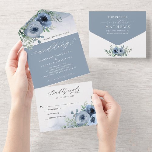 Whimsical Elegant Script Floral Dusty Blue Wedding All In One Invitation