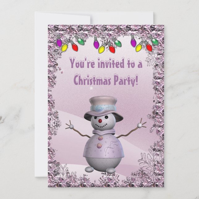Whimsical, Elegant Snowman Pink Christmas Party Invitation (Front)
