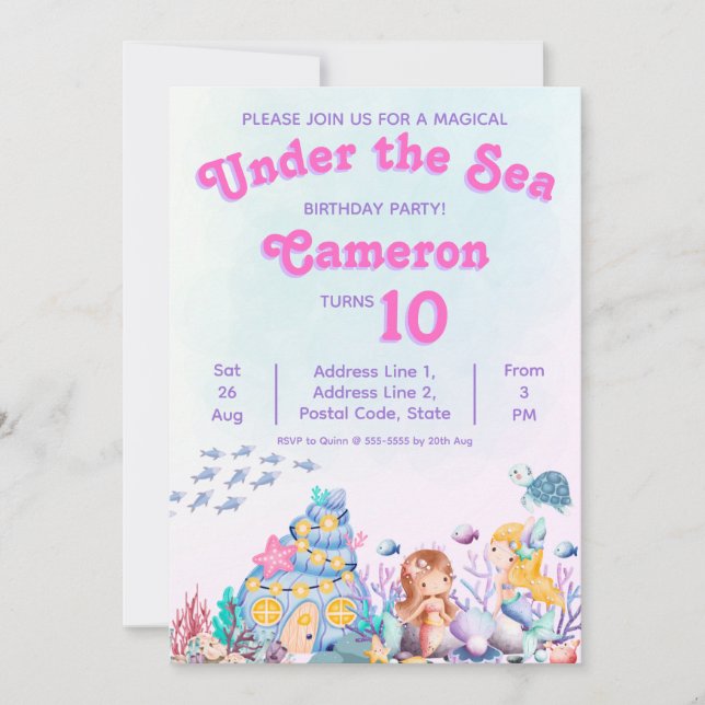 Whimsical Elegant Under the Sea Mermaid Birthday Invitation (Front)