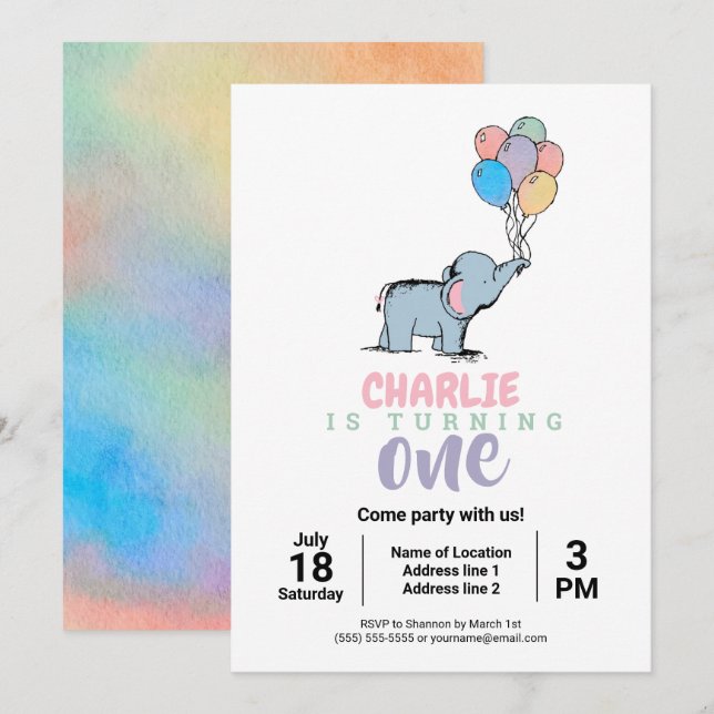 Whimsical Elephant and Balloons Birthday Invites (Front/Back)