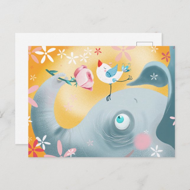 Whimsical Elephant and Bird Postcard (Front/Back)