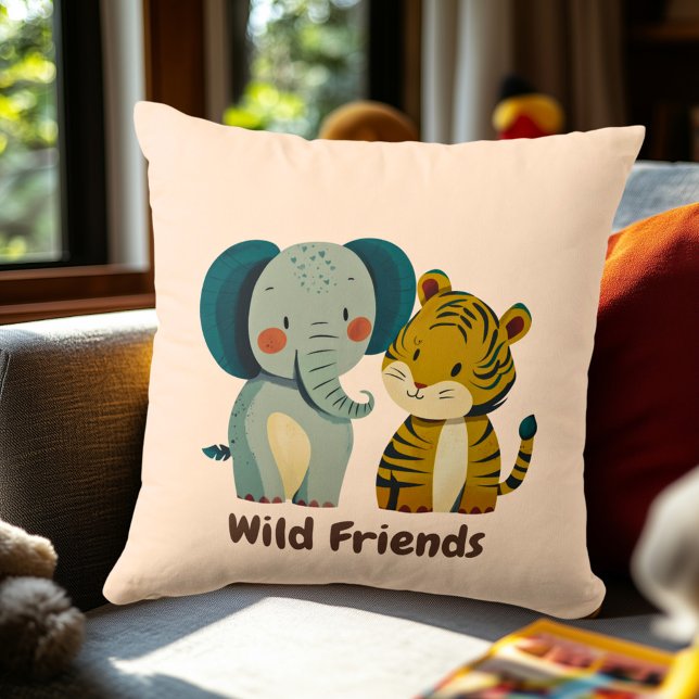 Whimsical Elephant and Tiger Nursery Illustration Throw Pillow (Creator Uploaded)