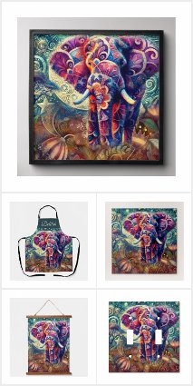 Whimsical Elephant at Night Blue Purple Stars Moon