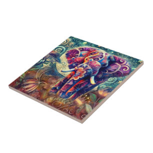 Whimsical Elephant at Night Blue Purple Stars Moon Ceramic Tile