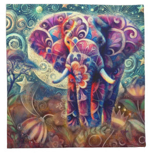 Whimsical Elephant at Night Blue Purple Stars Moon Cloth Napkin