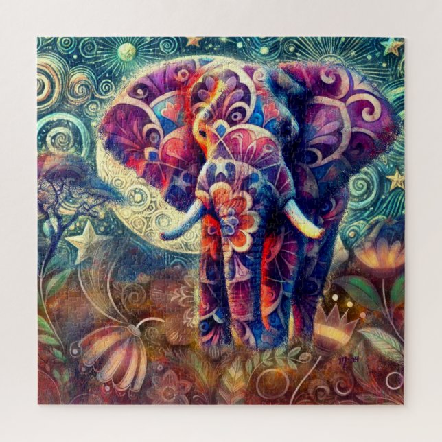 Whimsical Elephant at Night Blue Purple Stars Moon Jigsaw Puzzle (Vertical)