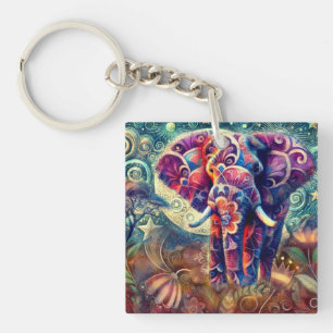 Whimsical Elephant at Night Blue Purple Stars Moon Keychain
