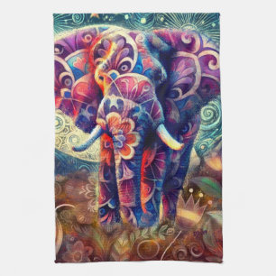 Whimsical Elephant at Night Blue Purple Stars Moon Kitchen Towel
