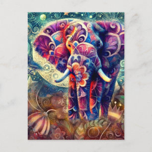 Whimsical Elephant at Night Blue Purple Stars Moon Postcard