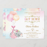 Whimsical Elephant Balloons Baby Shower Girl Invitation