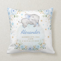 Whimsical Elephant Blue Gold Floral Twinkle Stars Throw Pillow