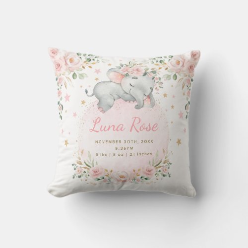 Whimsical Elephant Blush Pink Floral Twinkle Stars Throw Pillow
