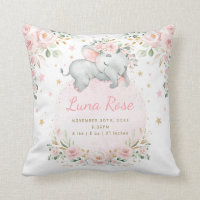 Whimsical Elephant Blush Pink Floral Twinkle Stars Throw Pillow